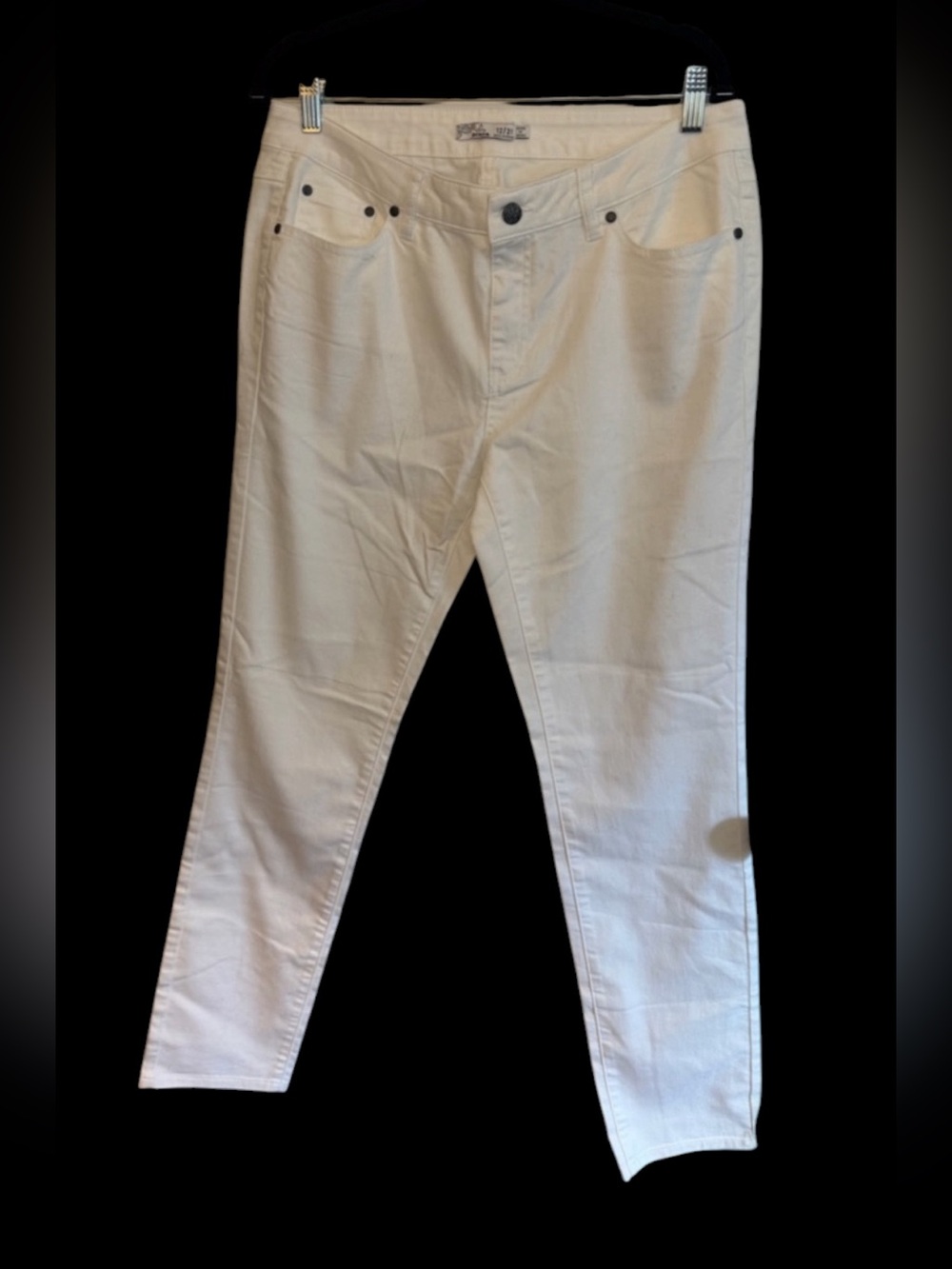 prAna Straight Leg White Jeans Button Zip 5-Pocket Mid Rise Stretch Women Sz 12